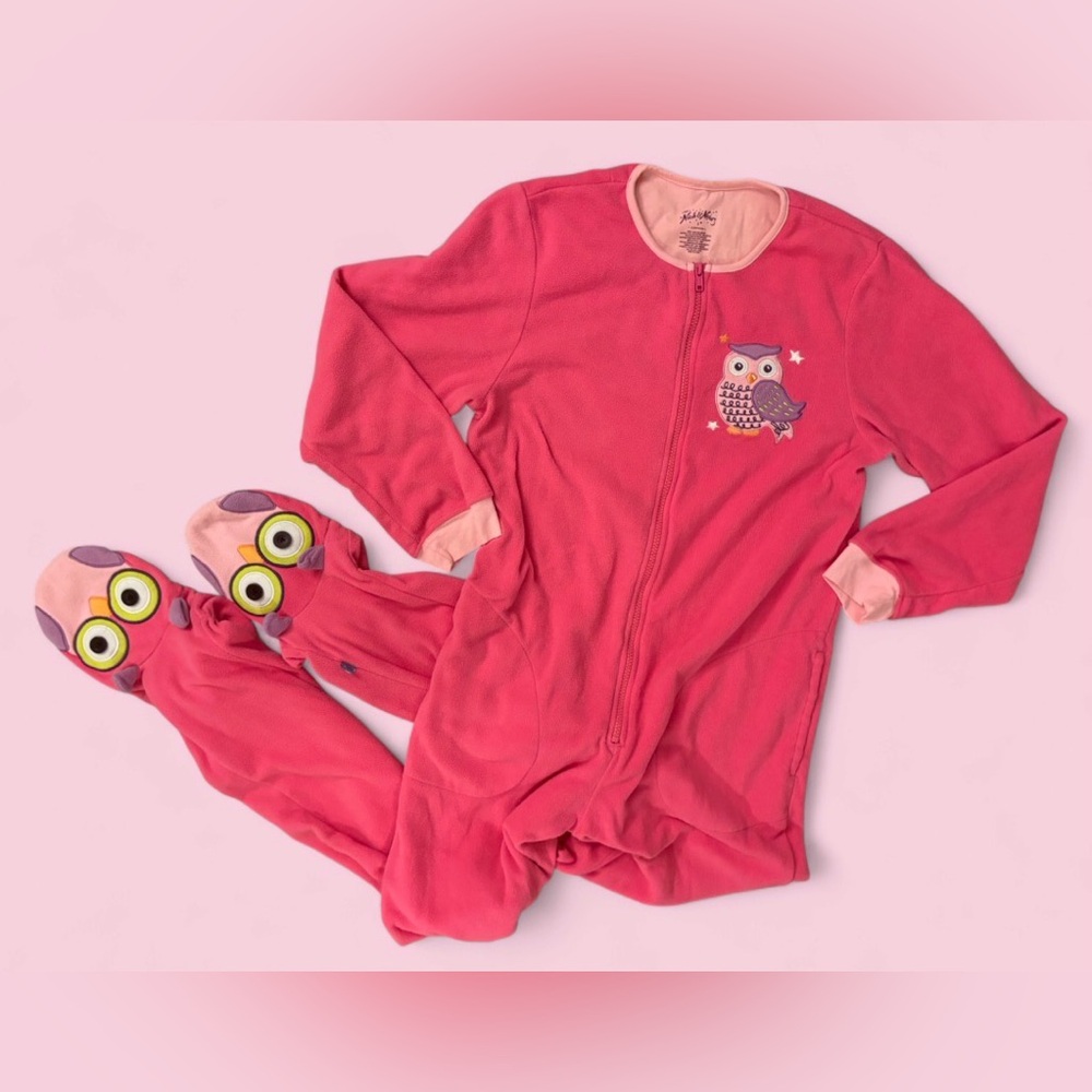 Nick & Nora Pink Owl Fleece Footie Pajamas One Piece | Size Small